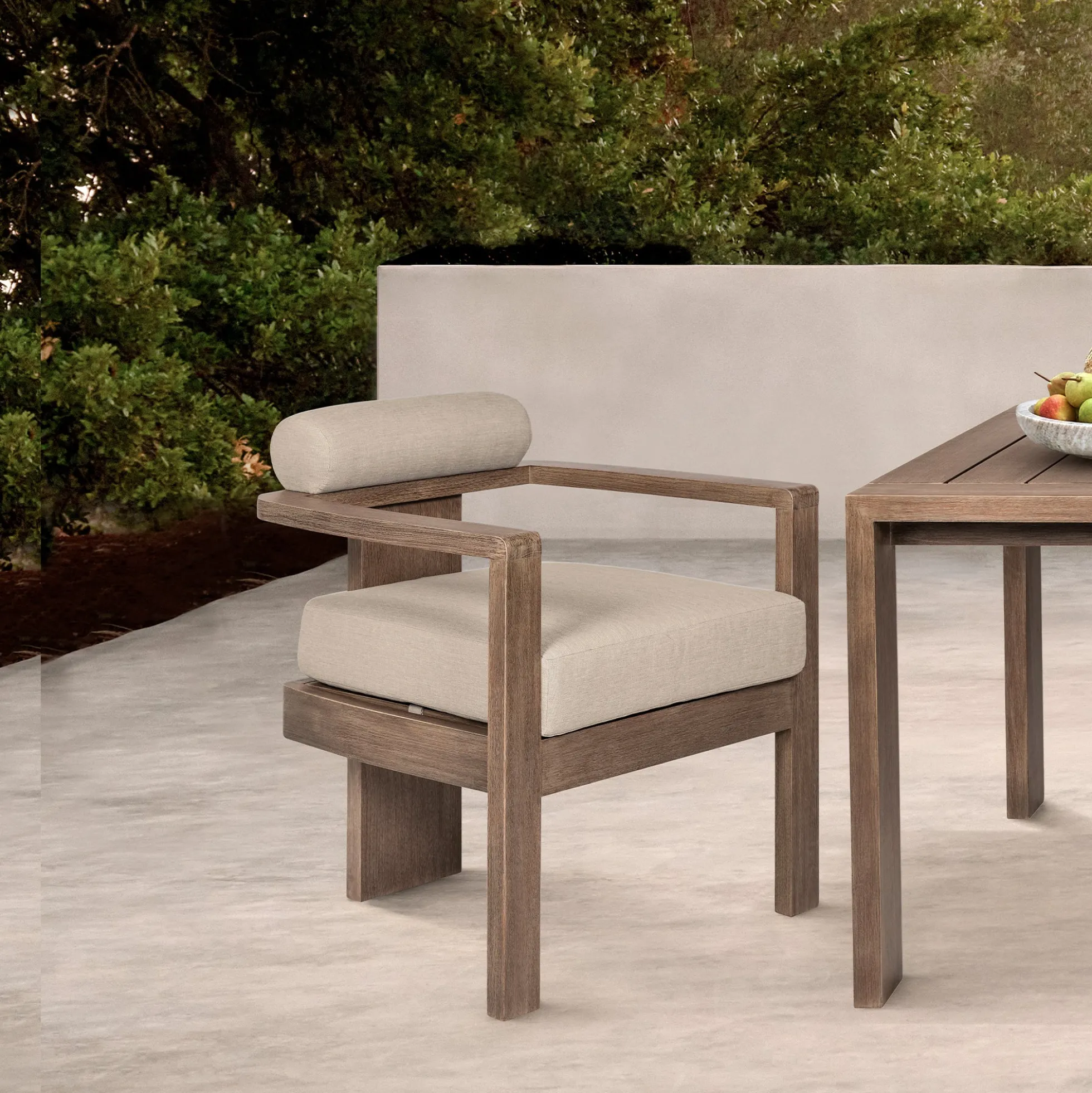 Relic Outdoor Patio Dining Chair in Weathered Eucalyptus Wood with Taupe Olefin Cushions