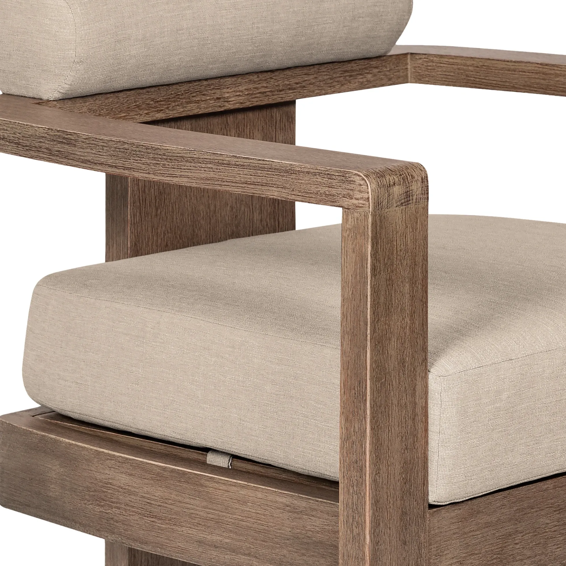Relic Outdoor Patio Dining Chair in Weathered Eucalyptus Wood with Taupe Olefin Cushions