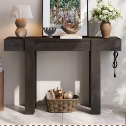 Rustic Minimalist Console Entryway Table with Hidden Drawer and Side Power Outlet