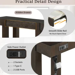 Rustic Minimalist Console Entryway Table with Hidden Drawer and Side Power Outlet