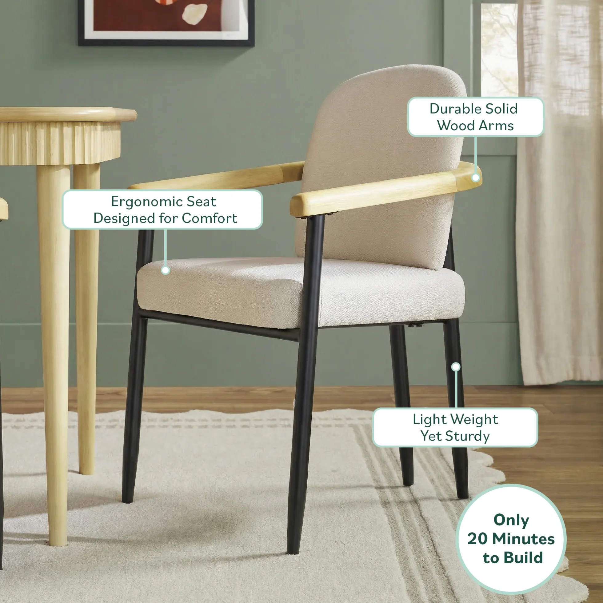 Samantha Modern Curved Wood and Metal Upholstered Dining Chair, Set of 2