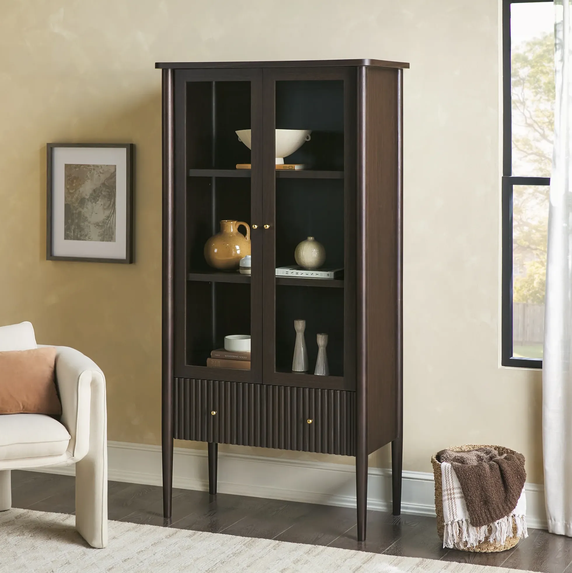 Samantha Modern Fluted Glass Cabinet Bookshelf