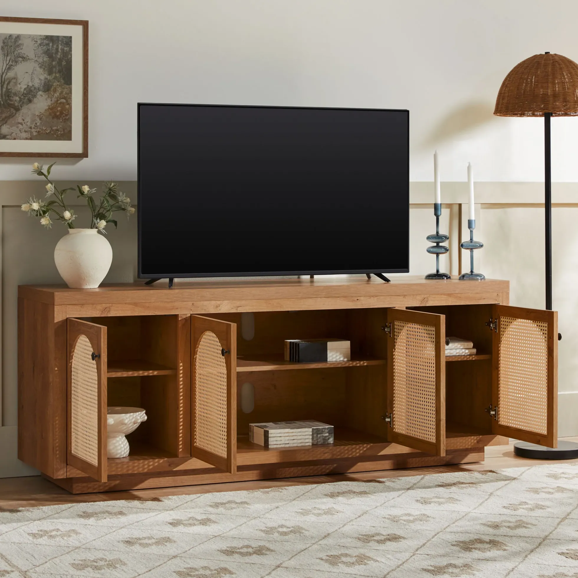 Sasha Contemporary TV Stand and Sideboard with Rattan Doors for up to 80" TV