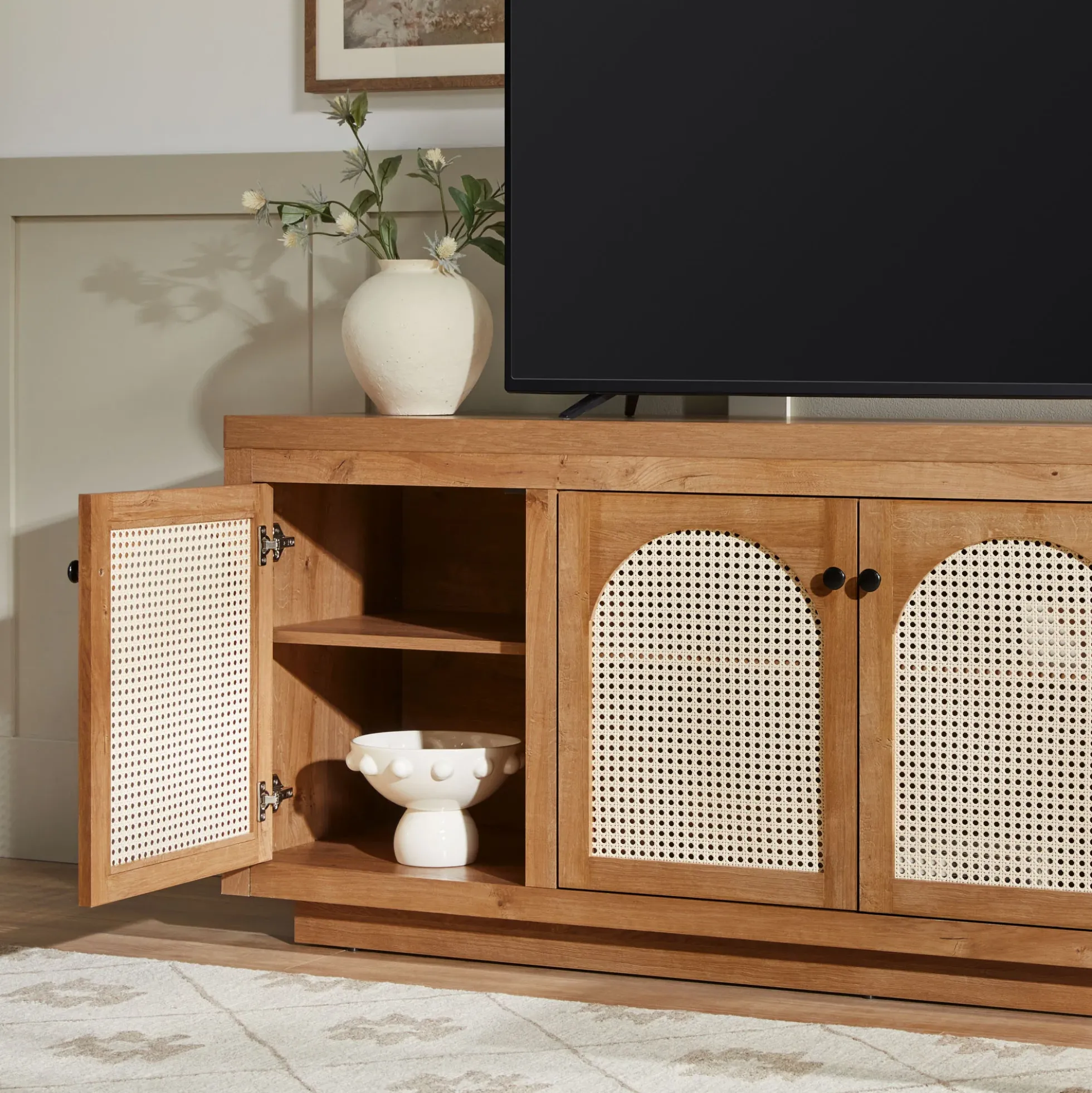 Sasha Contemporary TV Stand and Sideboard with Rattan Doors for up to 80" TV