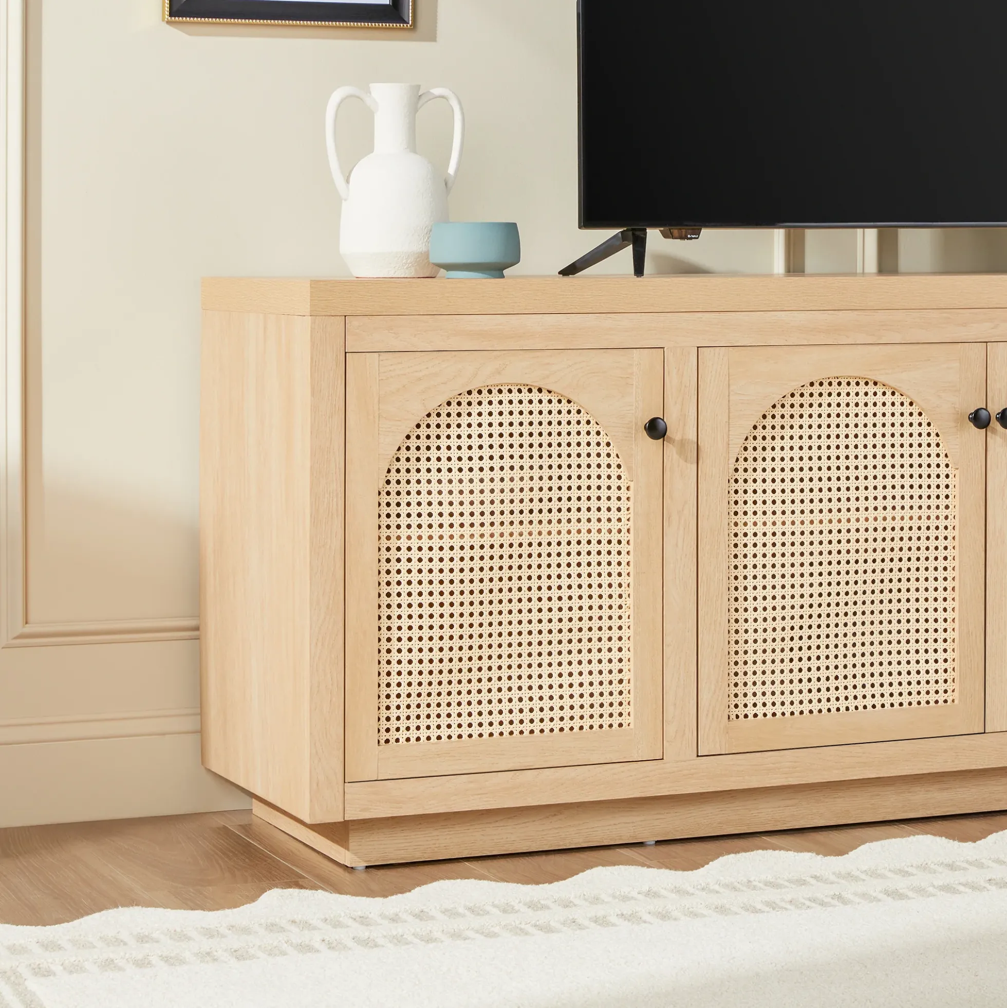 Sasha Contemporary TV Stand and Sideboard with Rattan Doors for up to 80" TV