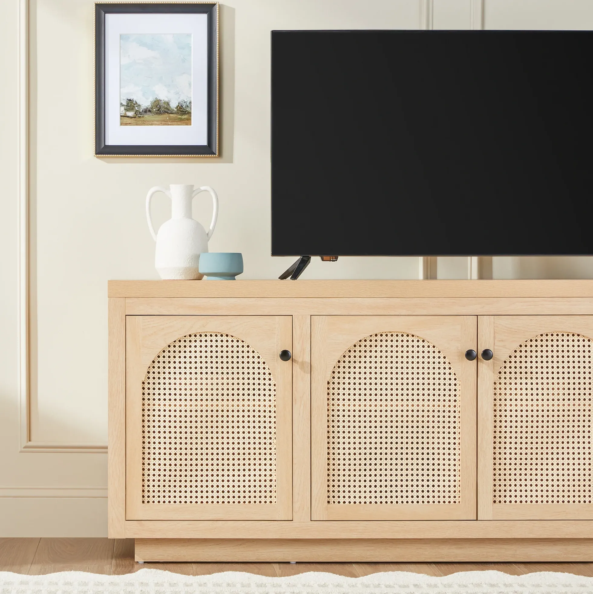 Sasha Contemporary TV Stand and Sideboard with Rattan Doors for up to 80" TV
