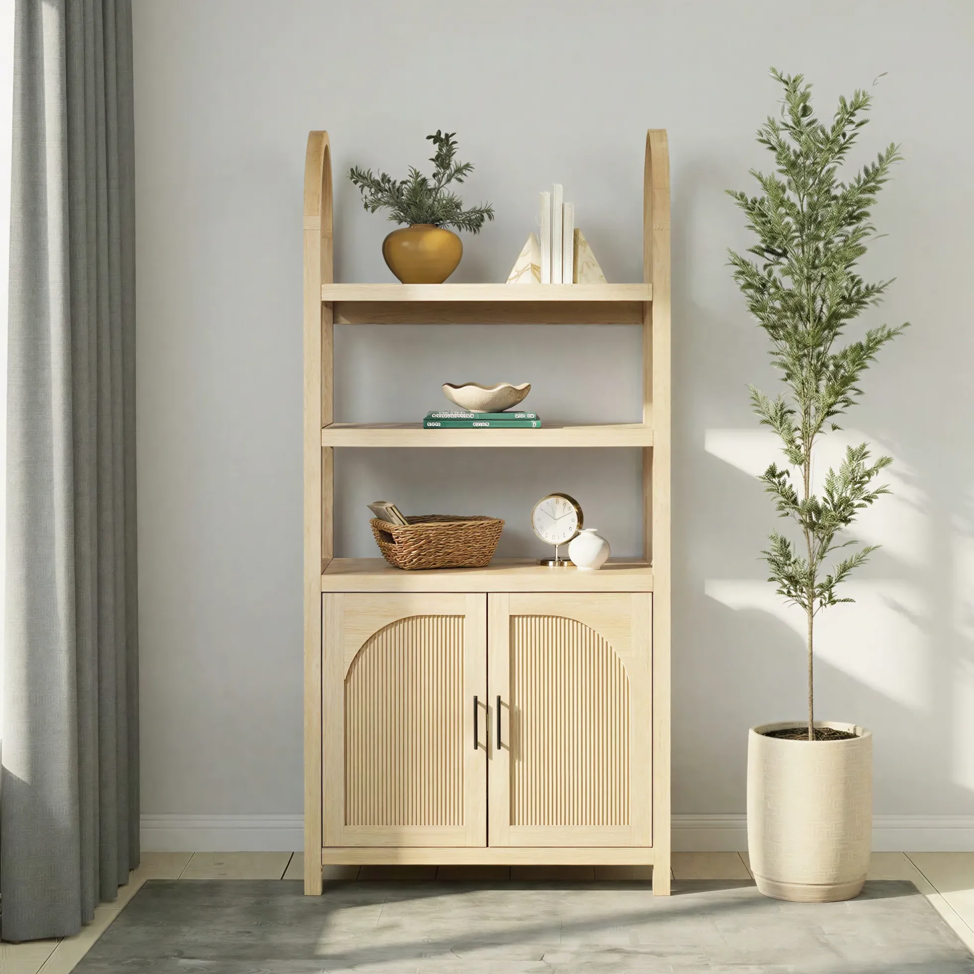 Sasha Modern Arched Bookshelf Cabinet with Reeded Doors