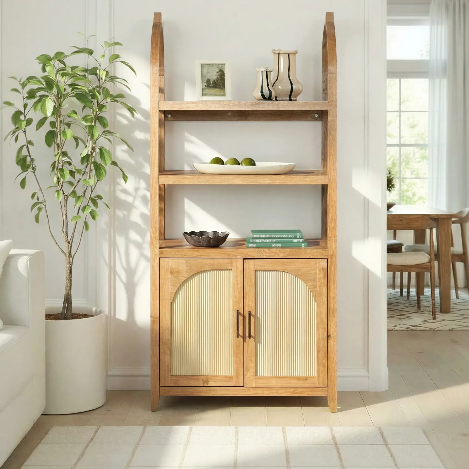 Sasha Modern Arched Bookshelf Cabinet with Reeded Doors