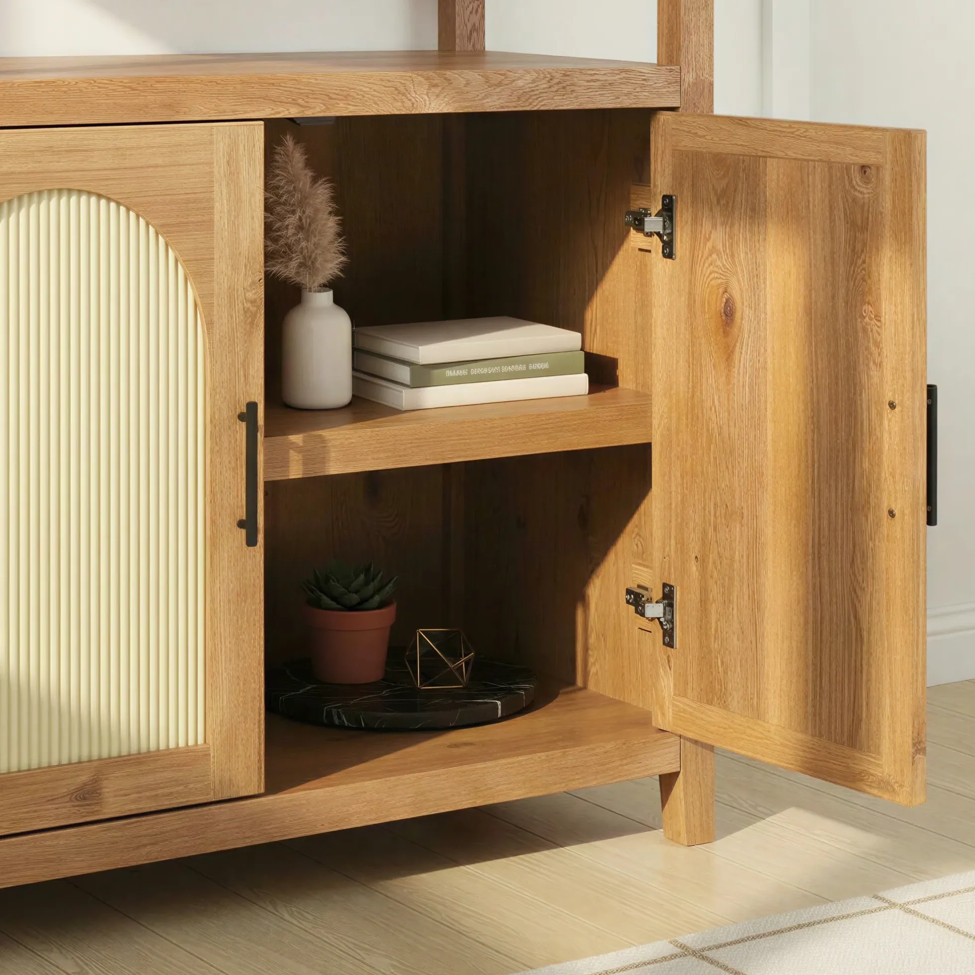 Sasha Modern Arched Bookshelf Cabinet with Reeded Doors