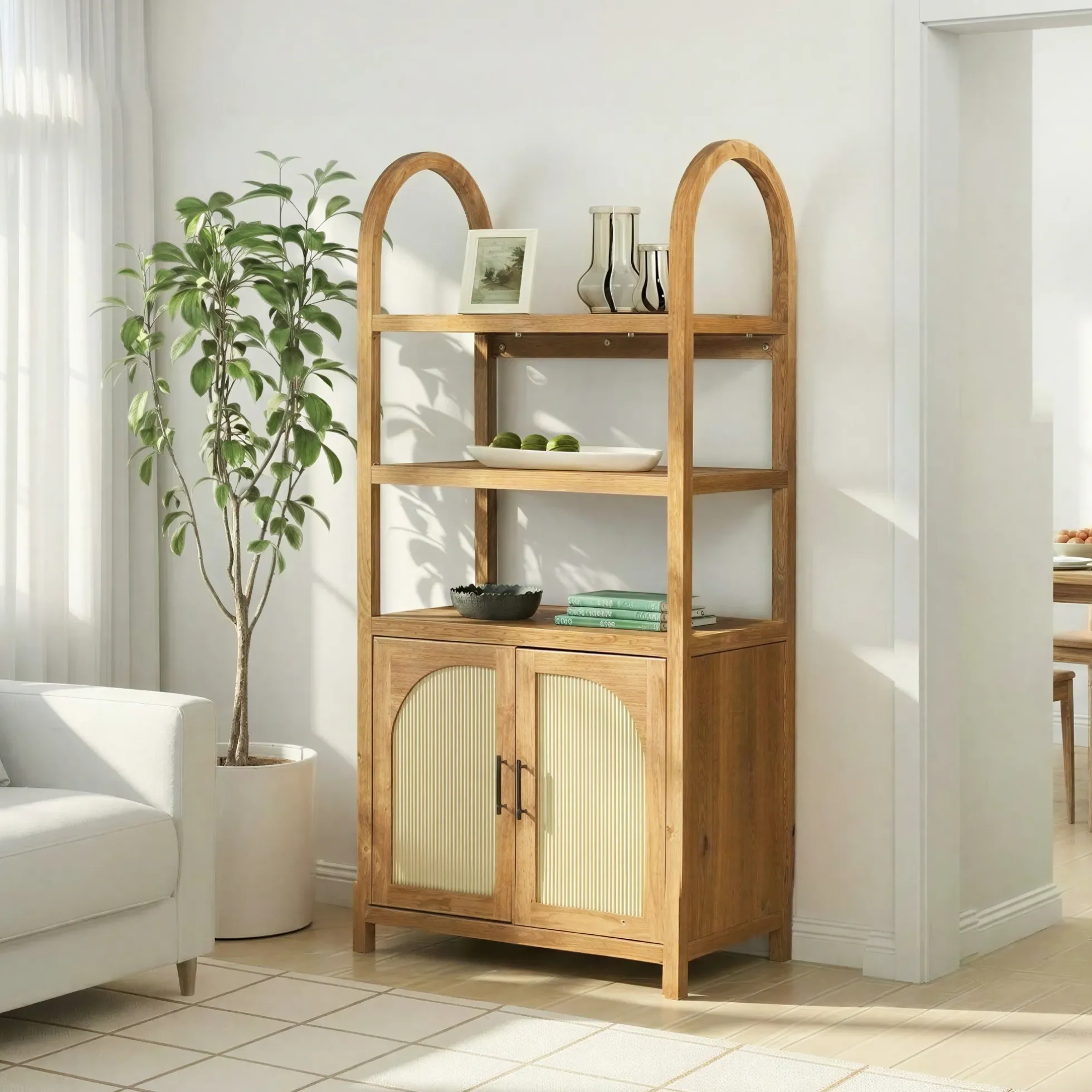 Sasha Modern Arched Bookshelf Cabinet with Reeded Doors