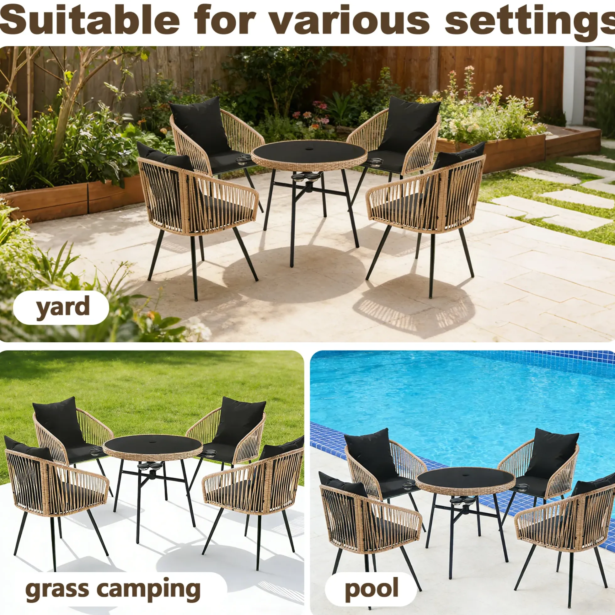 Small 5-Piece Wicker Conversation Outdoor Patio Set with Round Glass Table