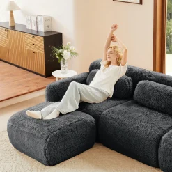 Soft Teddy Plush Ergonomic Design L-shaped Loveseat Sofa with Ottoman