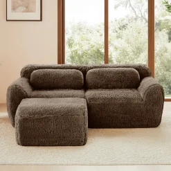 Soft Teddy Plush Ergonomic Design L-shaped Loveseat Sofa with Ottoman