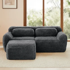 Soft Teddy Plush Ergonomic Design L-shaped Loveseat Sofa with Ottoman