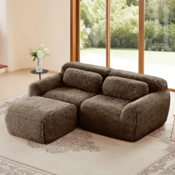 Soft Teddy Plush Ergonomic Design L-shaped Loveseat Sofa with Ottoman