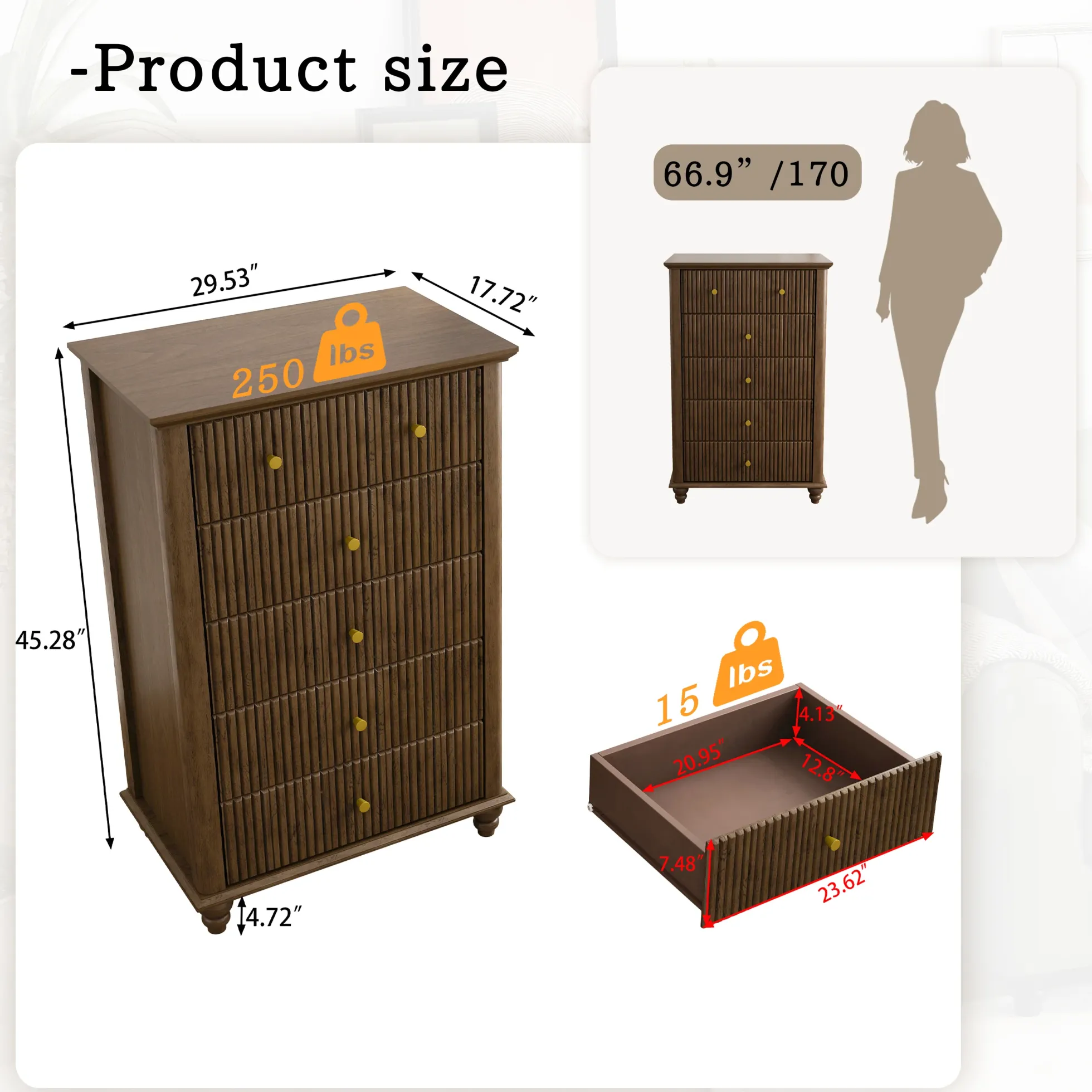 Tall Modern 45" Fluted 5 Drawer Dresser Chest