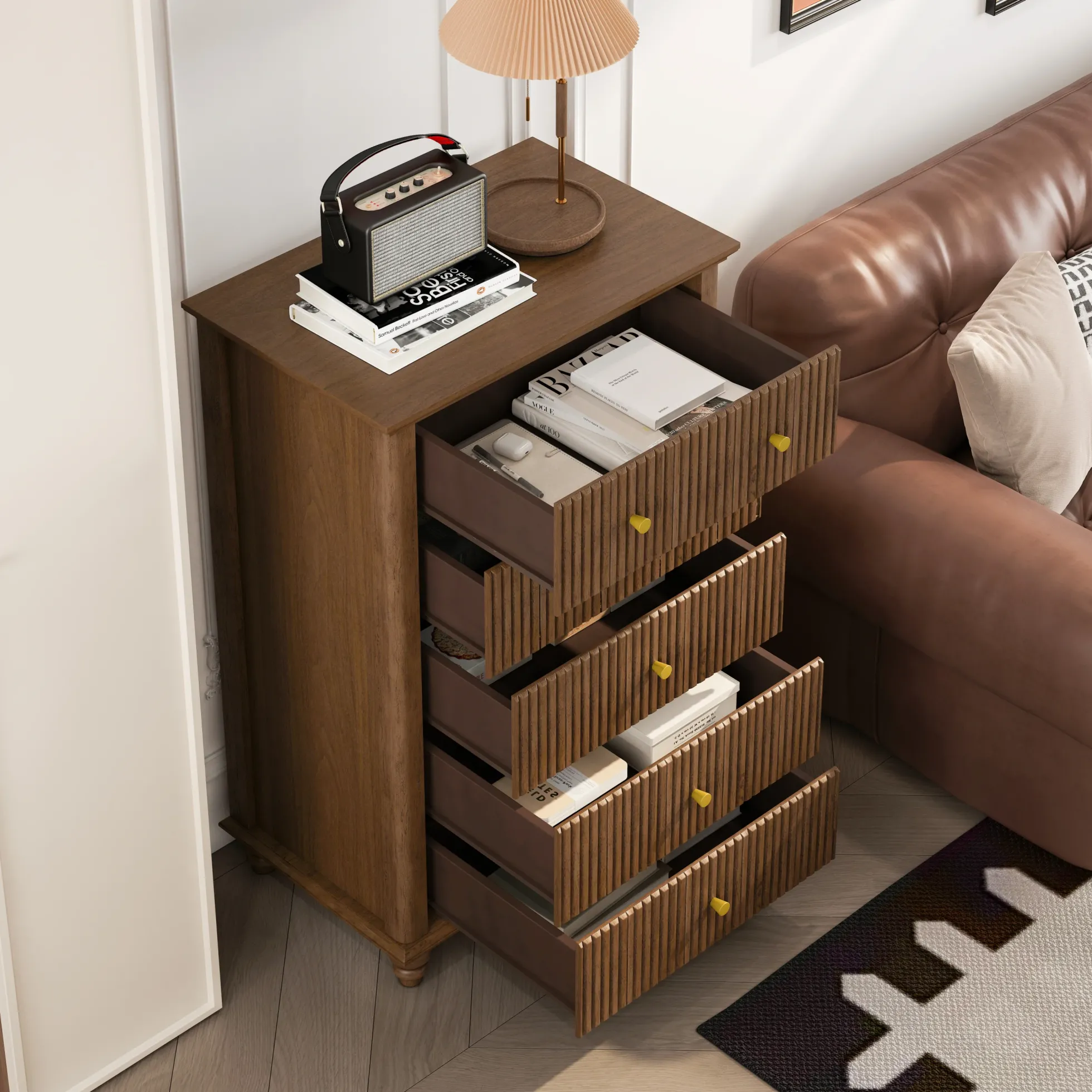 Tall Modern 45" Fluted 5 Drawer Dresser Chest