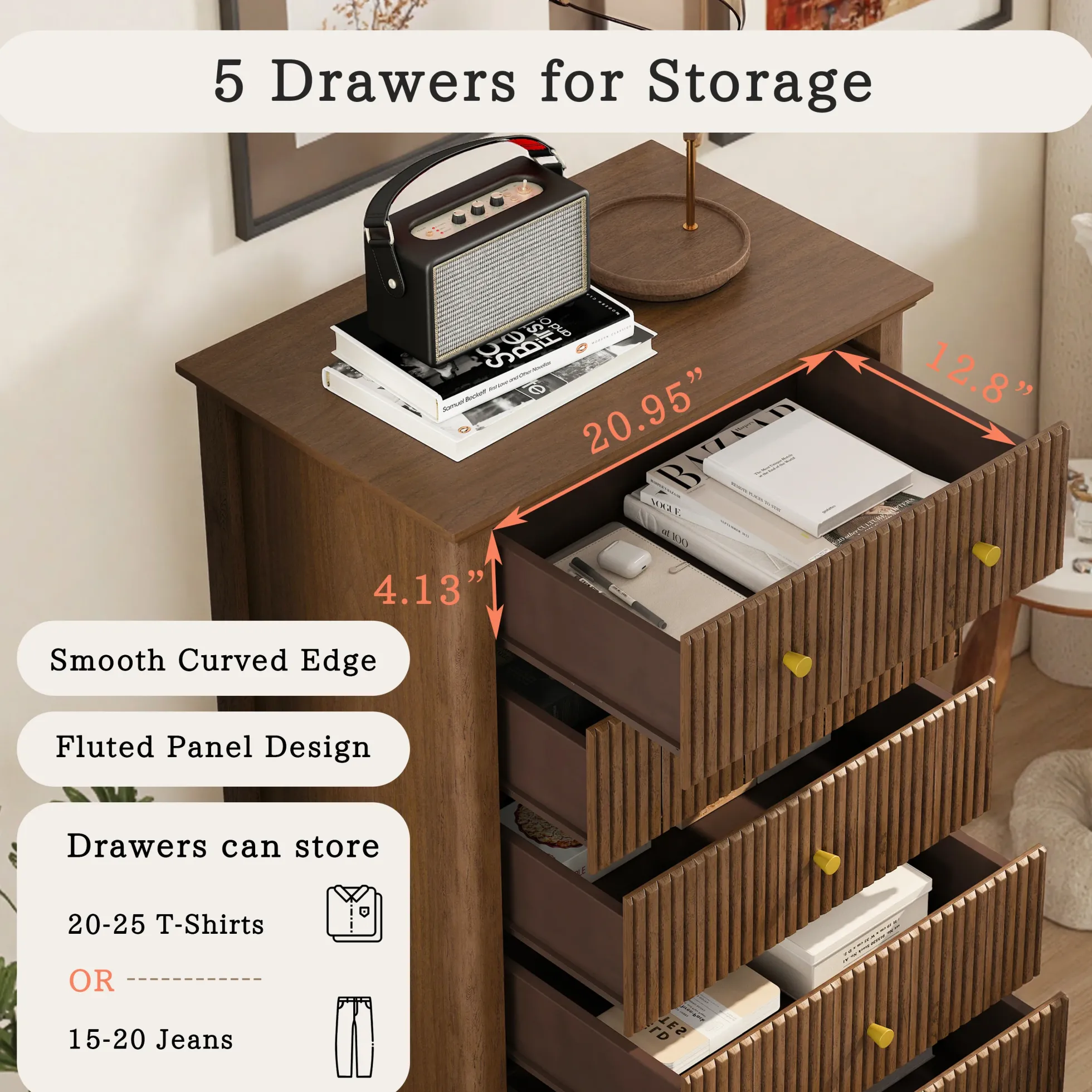 Tall Modern 45" Fluted 5 Drawer Dresser Chest
