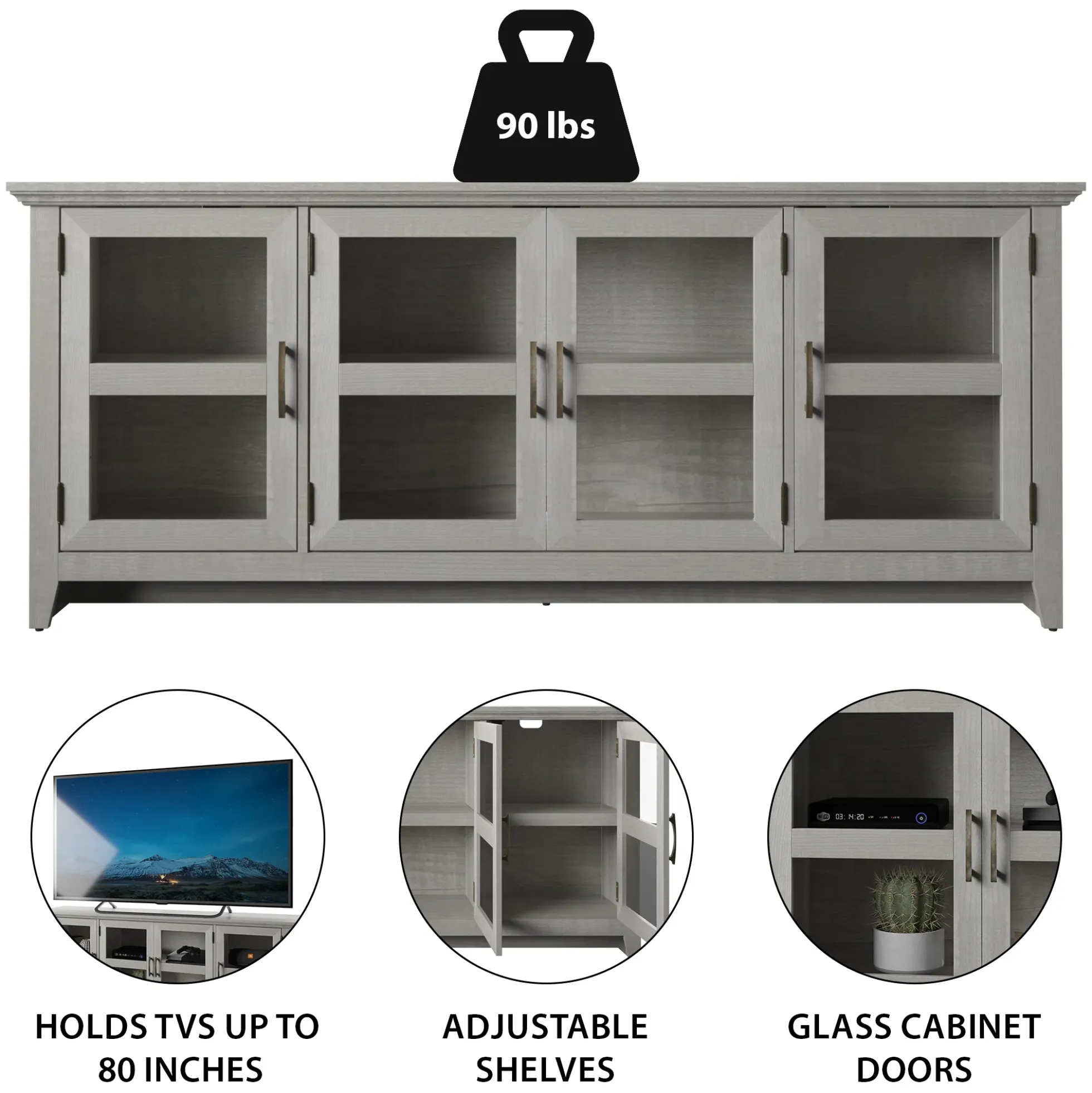 Tempered Glass Doors 72' TV Stand Media Console