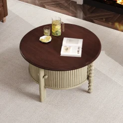 Traditional Design Round 30.3' Coffee Table with Storage Sliding Door