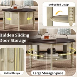 Traditional Design Round 30.3' Coffee Table with Storage Sliding Door