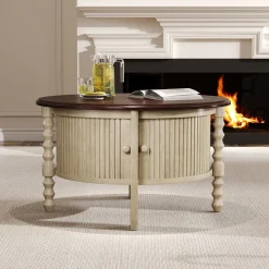Traditional Design Round 30.3' Coffee Table with Storage Sliding Door