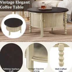Traditional Design Round 30.3' Coffee Table with Storage Sliding Door