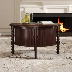 Traditional Design Round 30.3' Coffee Table with Storage Sliding Door