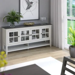 Traditional Farmhouse Windowpane Glass Doors Buffet Sideboard