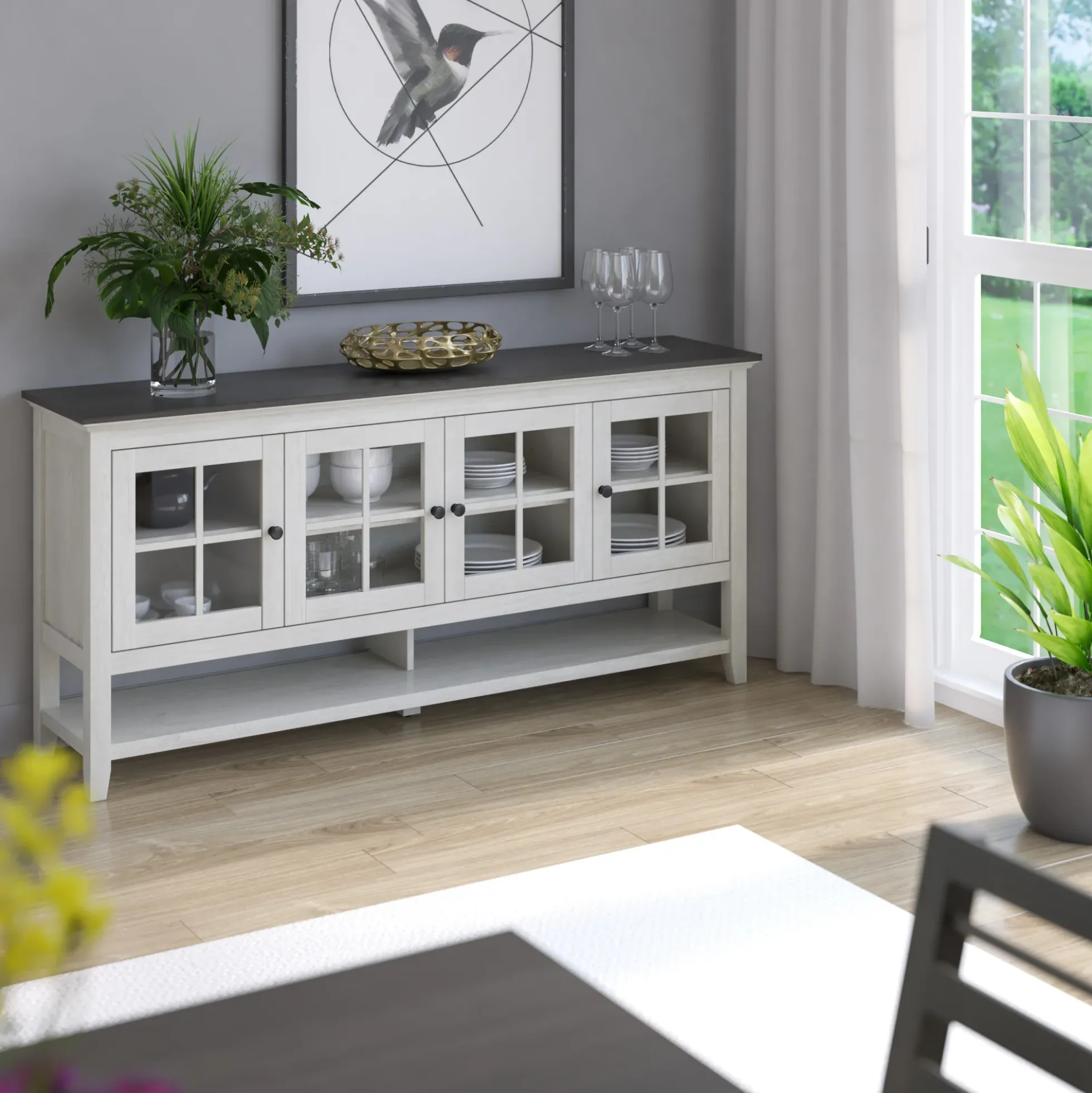 Traditional Farmhouse Windowpane Glass Doors Buffet Sideboard