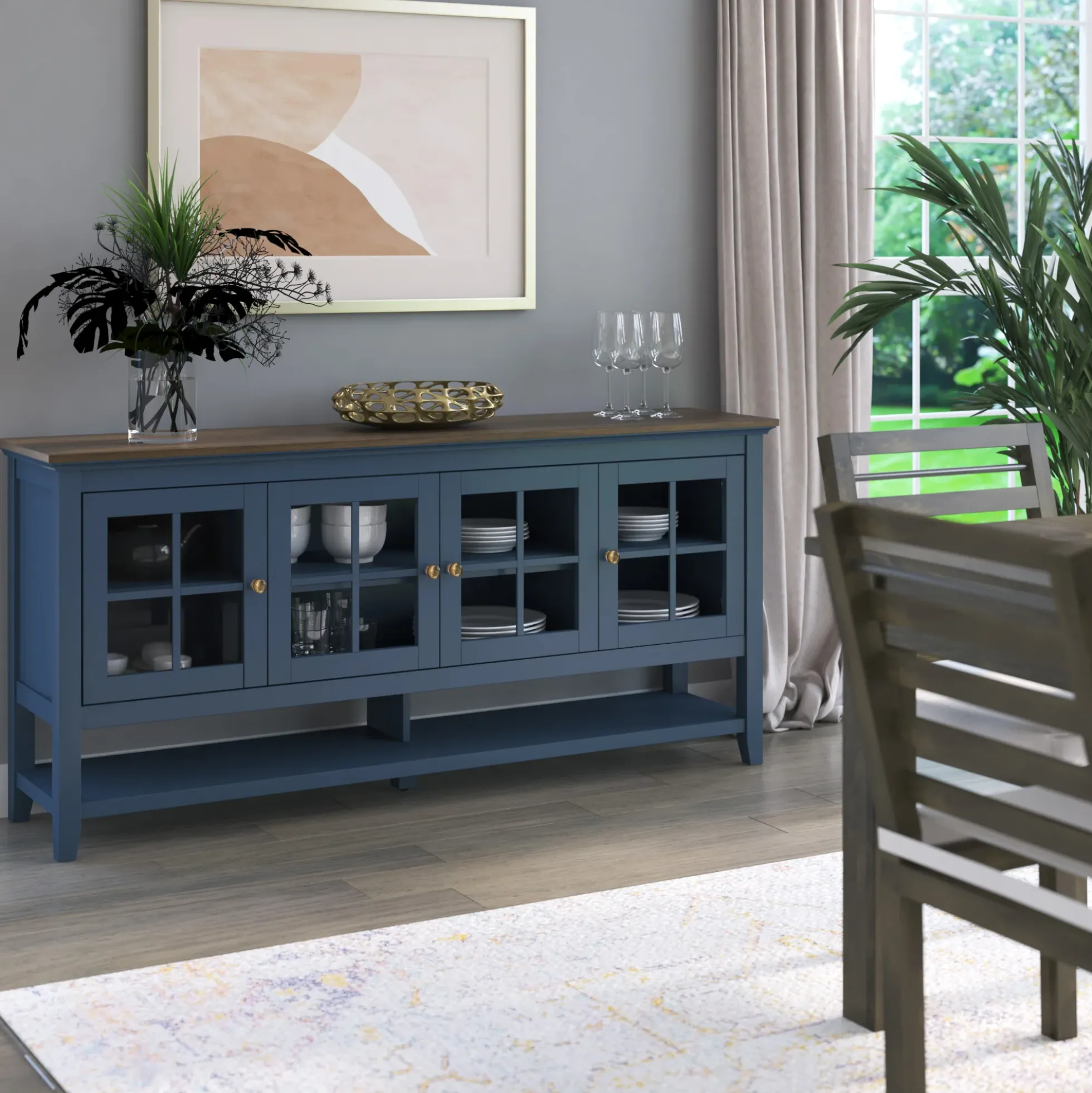Traditional Farmhouse Windowpane Glass Doors Buffet Sideboard
