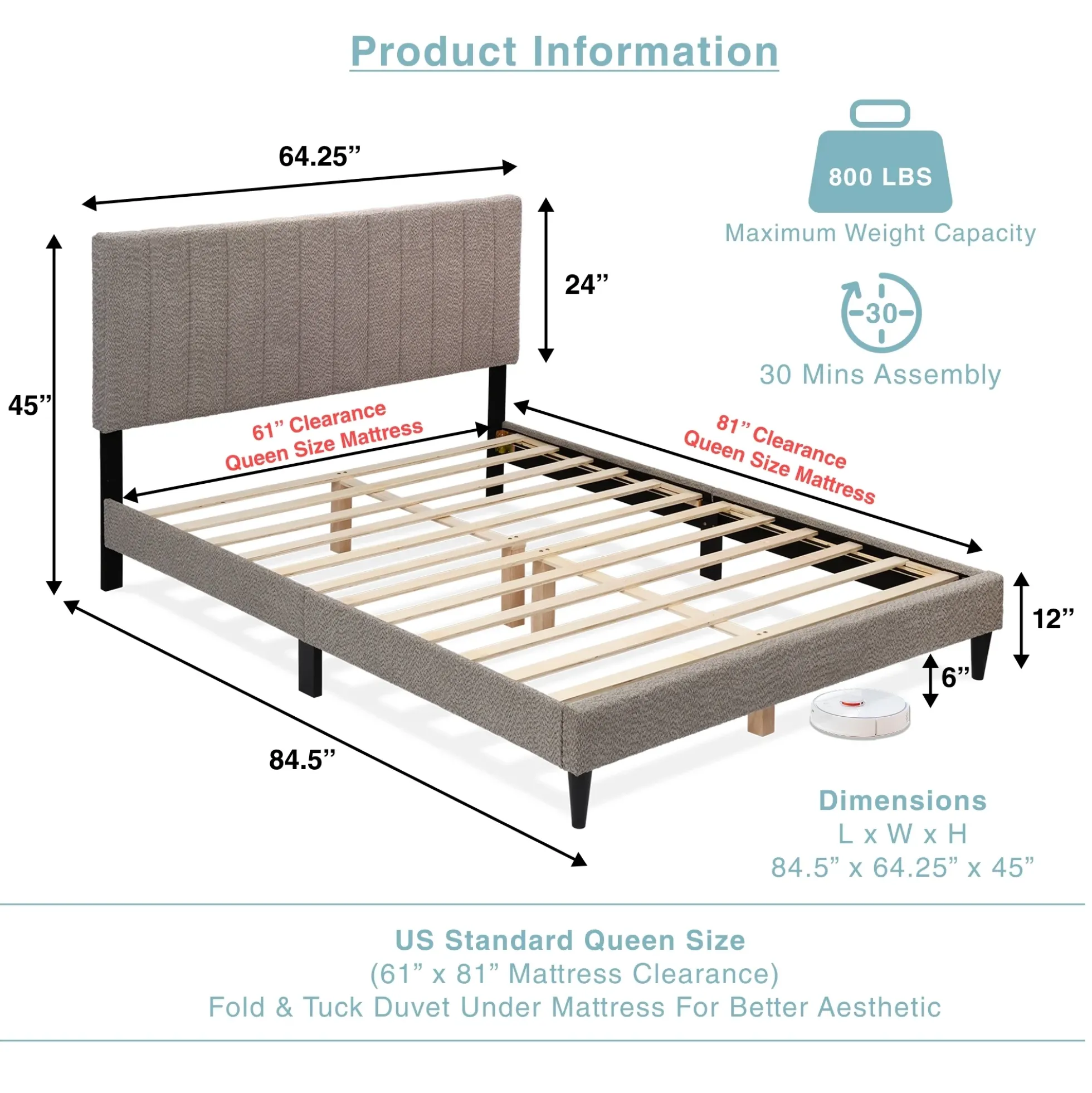 Tufted Boucle Upholstered Gray Queen Platform Bedframe
