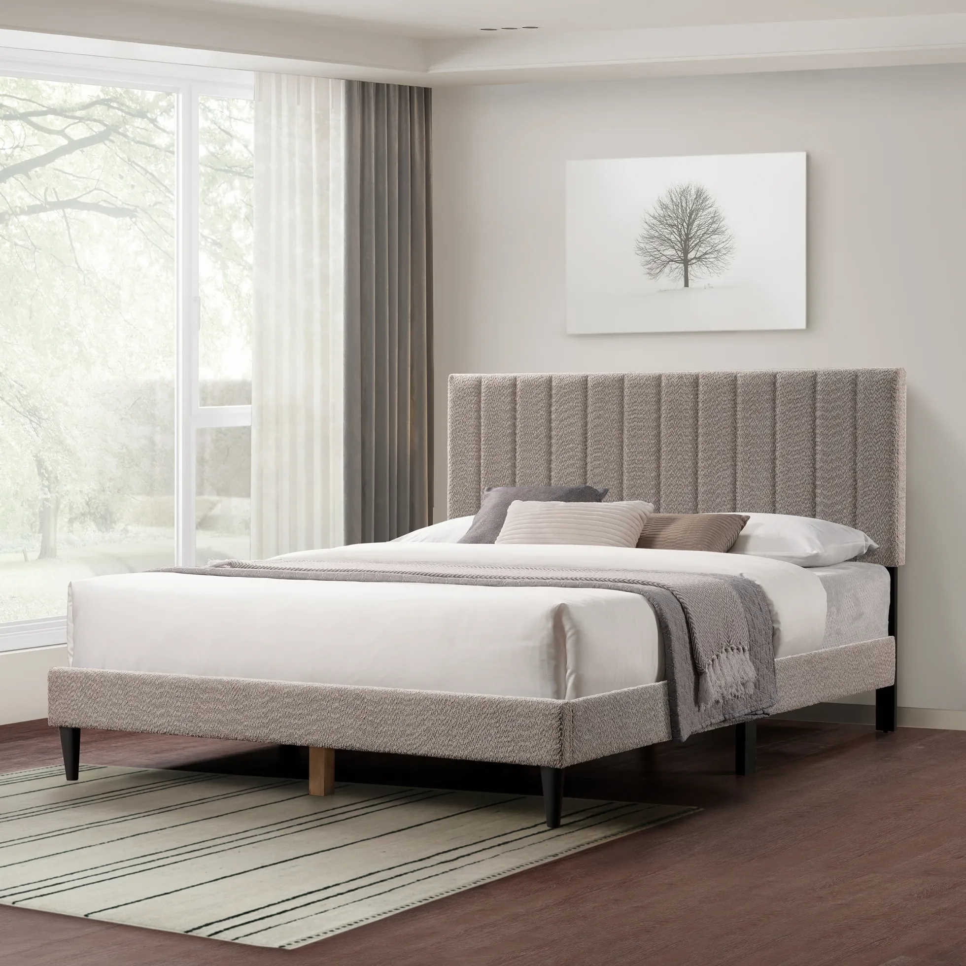 Tufted Boucle Upholstered Gray Queen Platform Bedframe