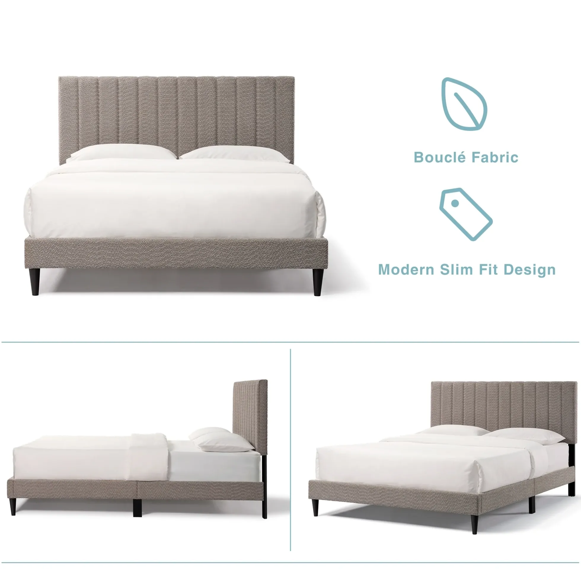 Tufted Boucle Upholstered Gray Queen Platform Bedframe