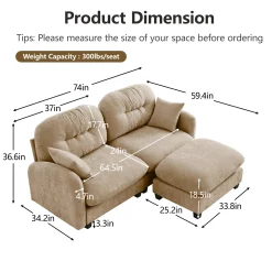 Tufted Chenille Cloud Loveseat Sectional Sofa Couch with Ottoman
