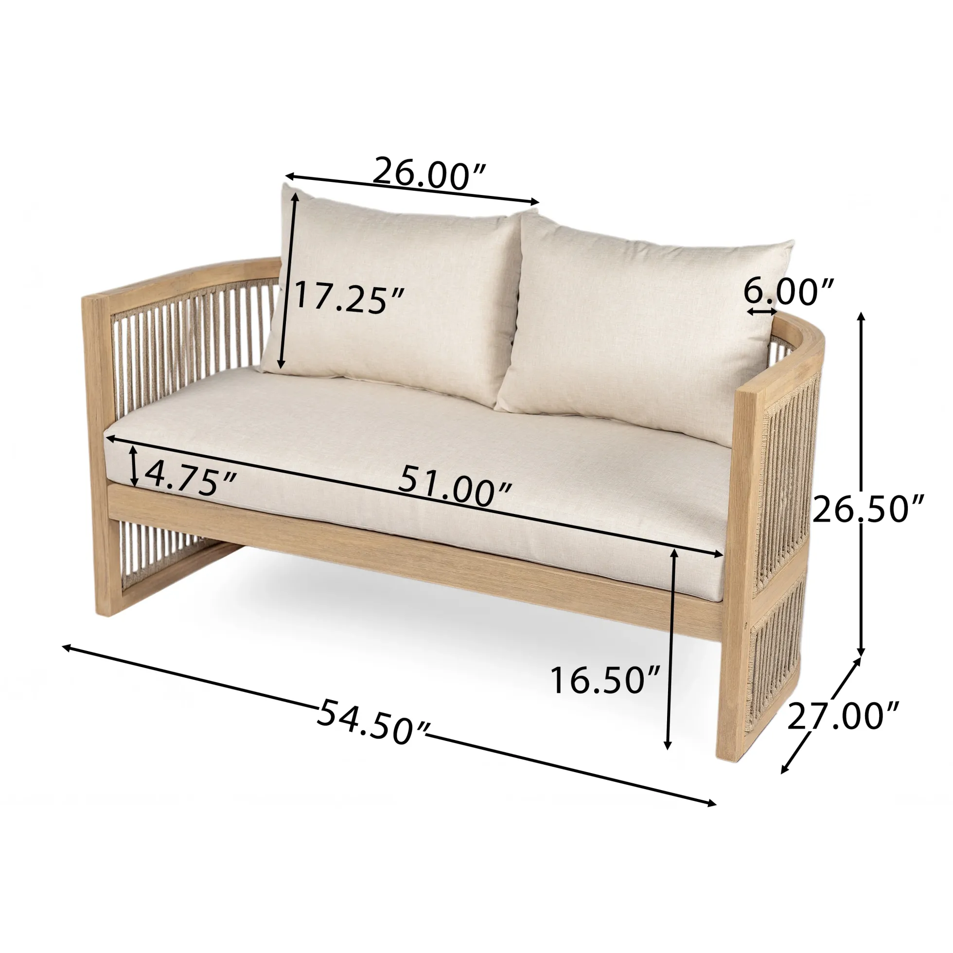 Walker Edison | 54.4'' Outdoor Acacia Wood Loveseat with Cushions