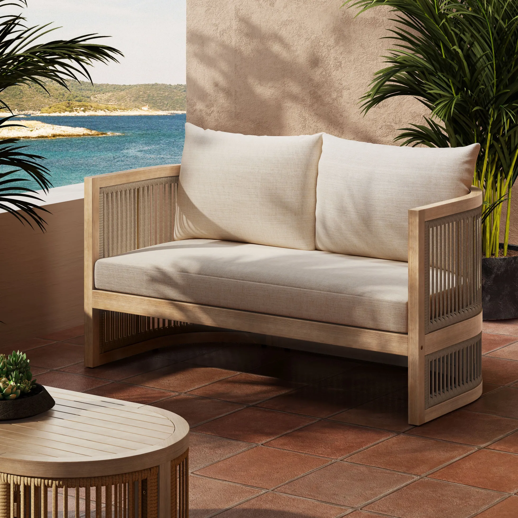 Walker Edison | 54.4'' Outdoor Acacia Wood Loveseat with Cushions