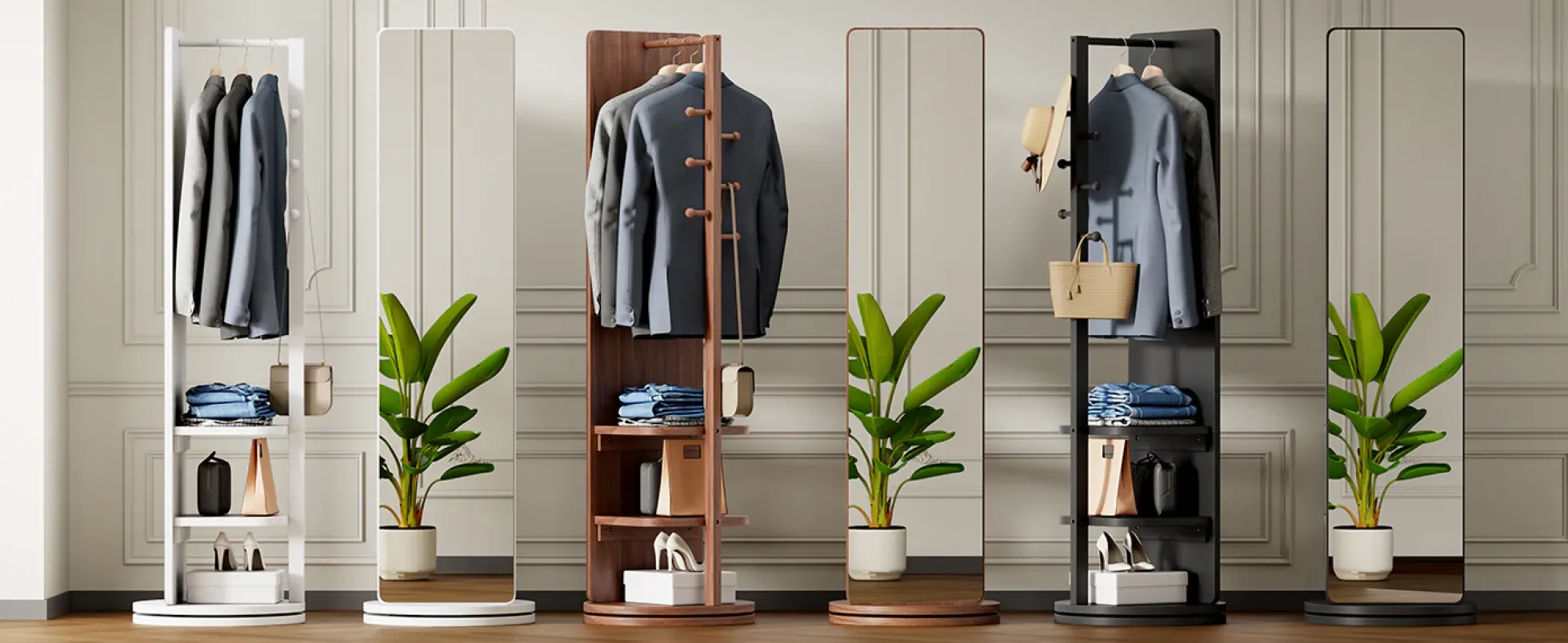 Walker Edison | 360° Rotating 66'x14' Multifunctional Full Length Mirror with Storage