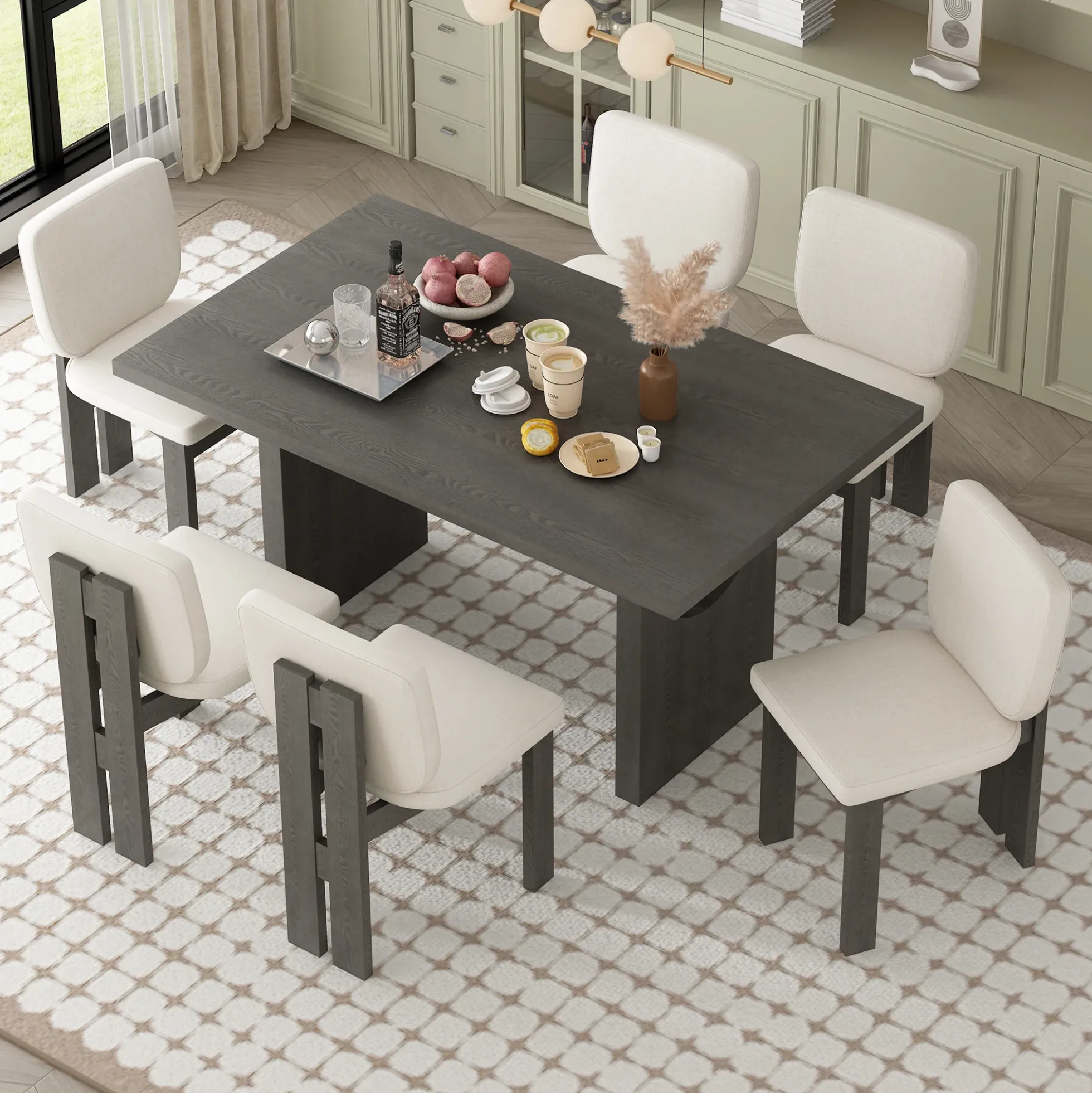 Walker Edison | 60' Wood 7-Piece Retro Dining Table Set for 6 with Upholstered Chairs