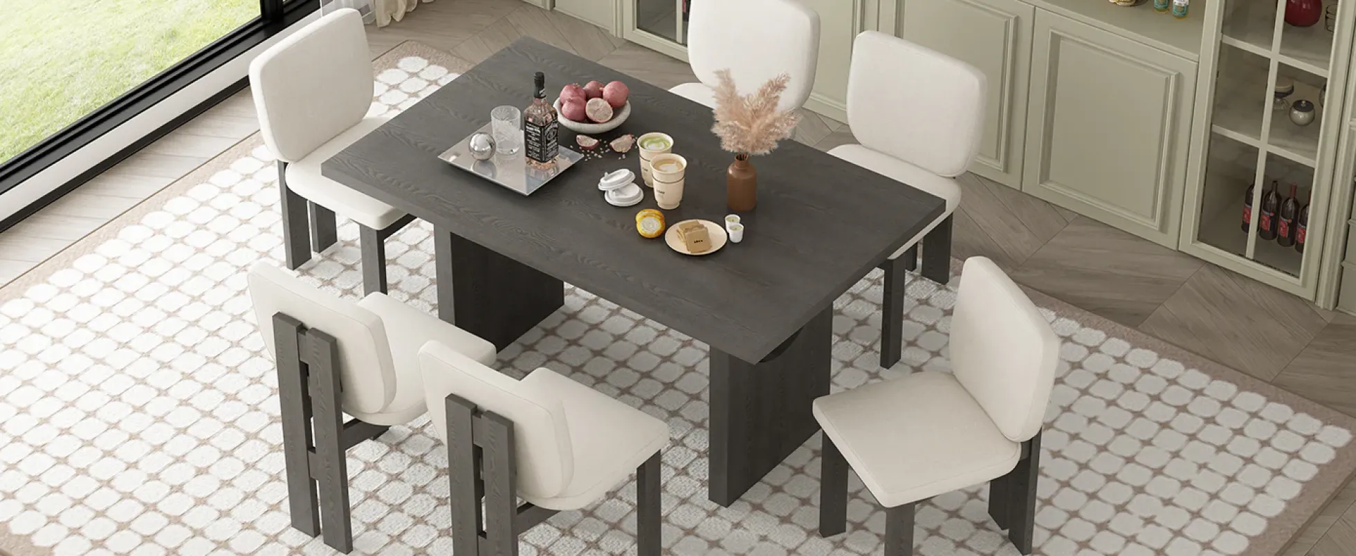 Walker Edison | 60' Wood 7-Piece Retro Dining Table Set for 6 with Upholstered Chairs