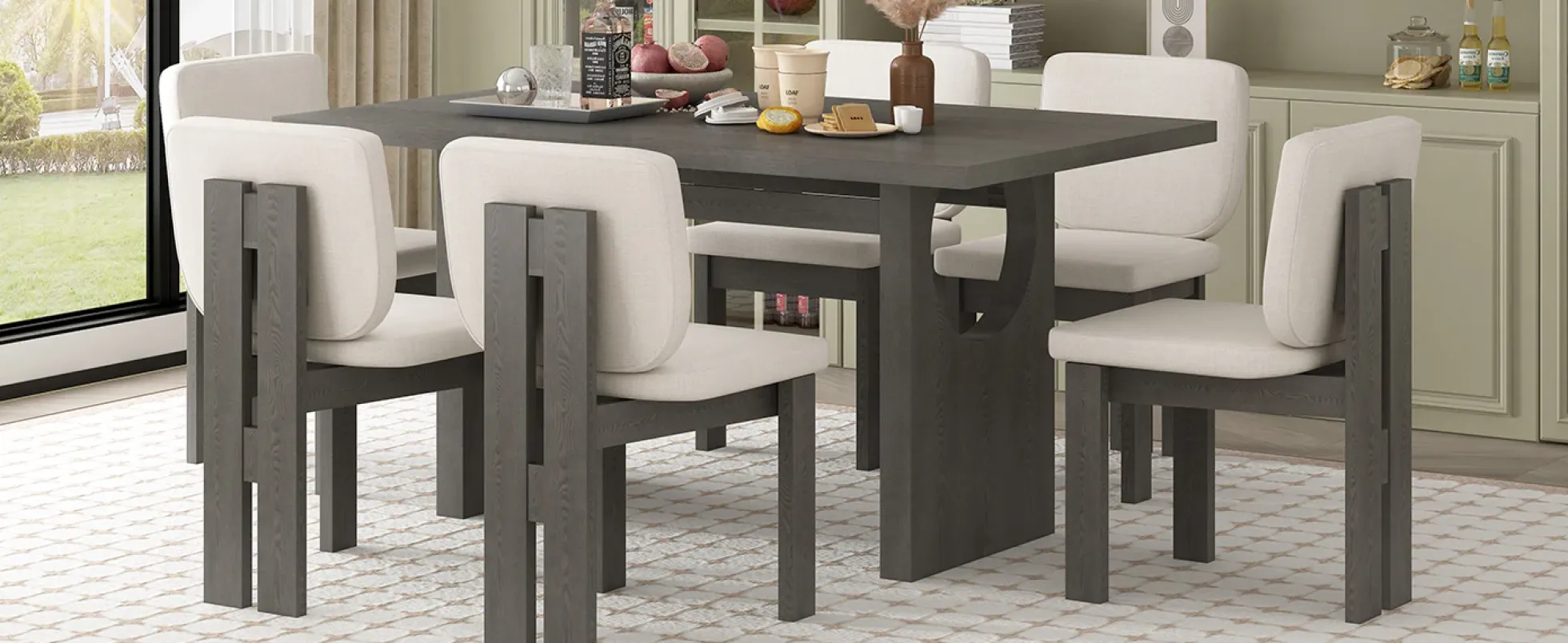 Walker Edison | 60' Wood 7-Piece Retro Dining Table Set for 6 with Upholstered Chairs