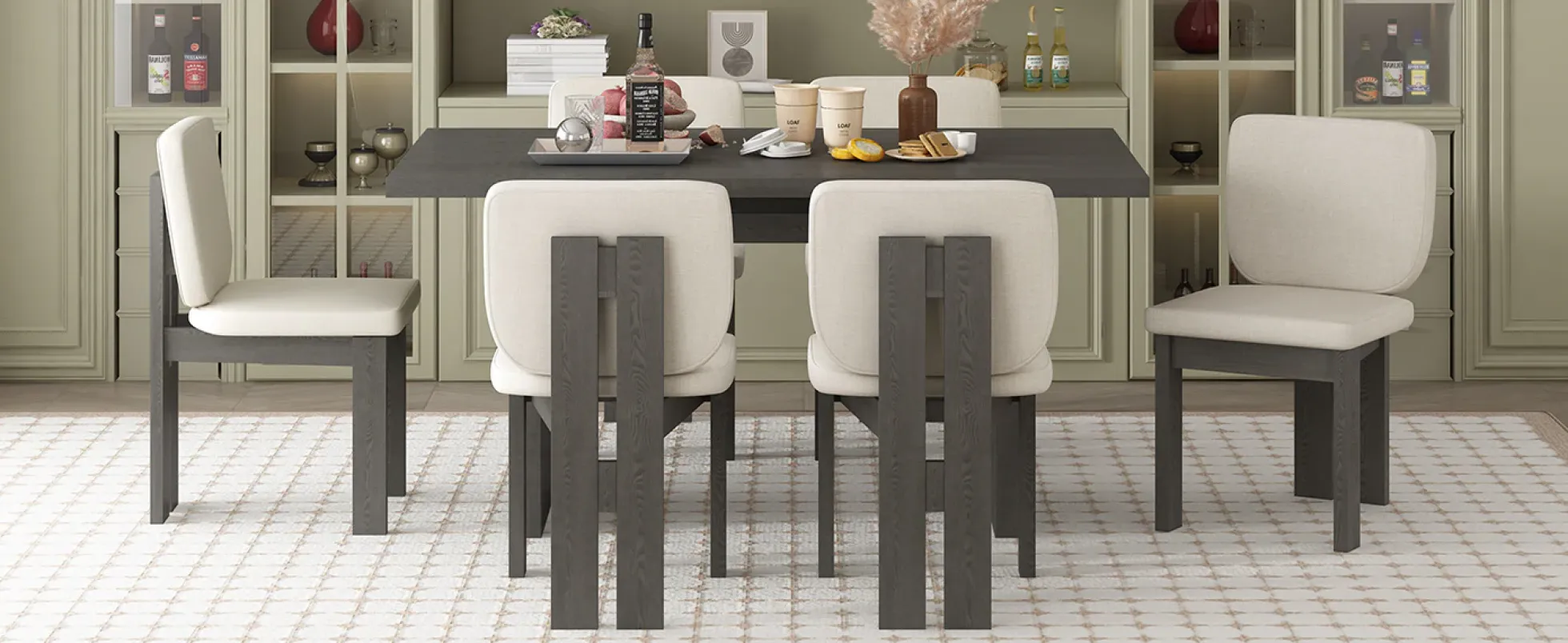 Walker Edison | 60' Wood 7-Piece Retro Dining Table Set for 6 with Upholstered Chairs