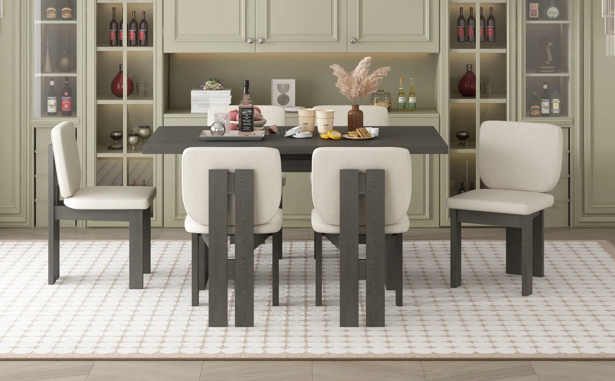 Walker Edison | 60' Wood 7-Piece Retro Dining Table Set for 6 with Upholstered Chairs
