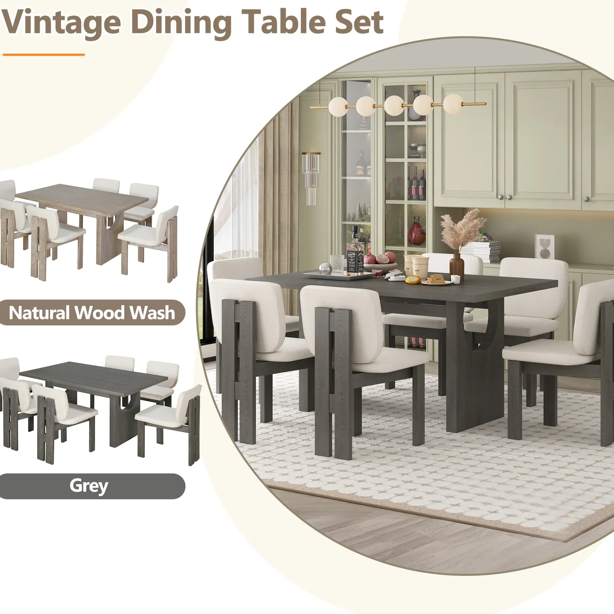 Walker Edison | 60' Wood 7-Piece Retro Dining Table Set for 6 with Upholstered Chairs