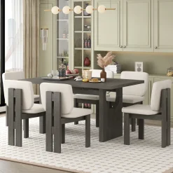 Walker Edison | 60' Wood 7-Piece Retro Dining Table Set for 6 with Upholstered Chairs