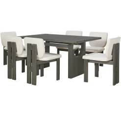 Walker Edison | 60' Wood 7-Piece Retro Dining Table Set for 6 with Upholstered Chairs