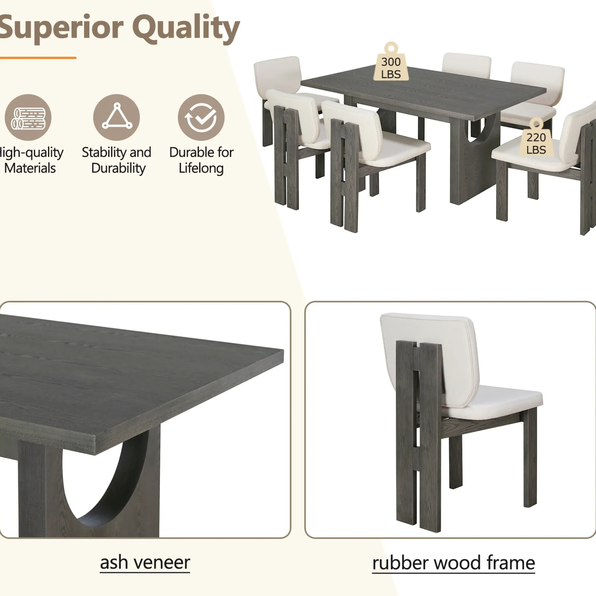 Walker Edison | 60' Wood 7-Piece Retro Dining Table Set for 6 with Upholstered Chairs