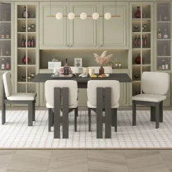 Walker Edison | 60' Wood 7-Piece Retro Dining Table Set for 6 with Upholstered Chairs