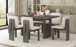Walker Edison | 60' Wood 7-Piece Retro Dining Table Set for 6 with Upholstered Chairs