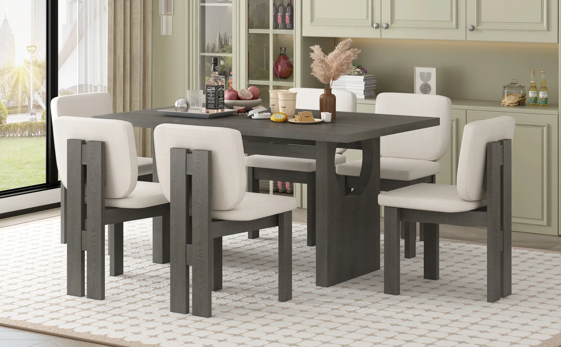 Walker Edison | 60' Wood 7-Piece Retro Dining Table Set for 6 with Upholstered Chairs